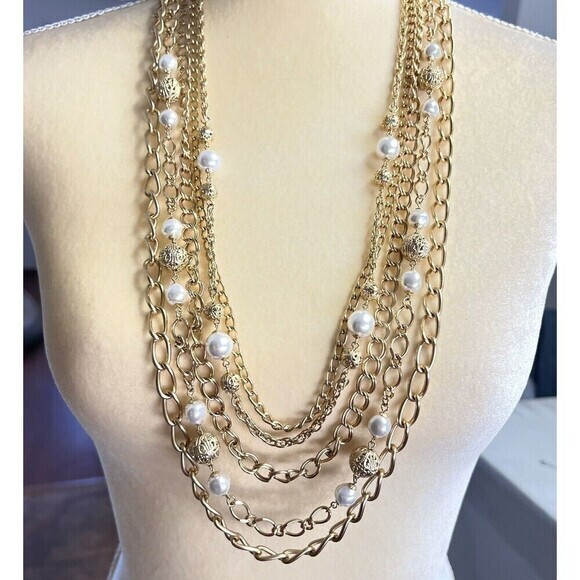 Gold-Tone Faux Pearl Bead Multi Chain Statement Necklace 34.5 in 5 Strand - Picture 16 of 16